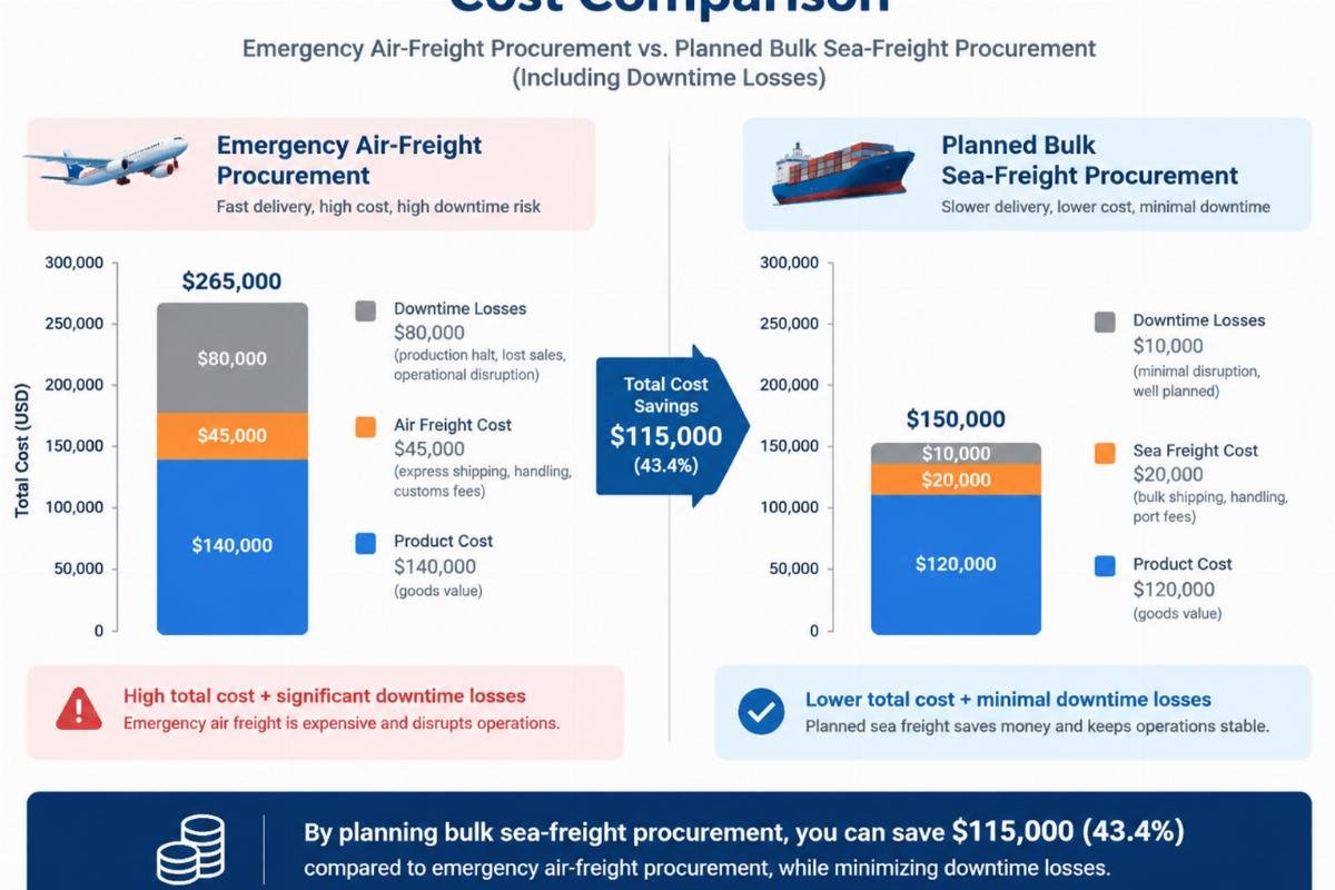 Graph illustrating the cost comparison between emergency air-freight procurement and planned bulk sea-freight procurement including downtime losses