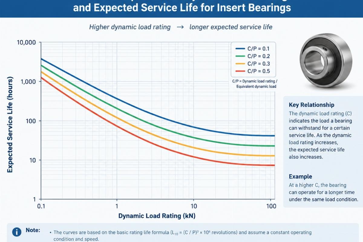 Graph illustrating the relationship between dynamic load rating and expected service life for insert bearings
