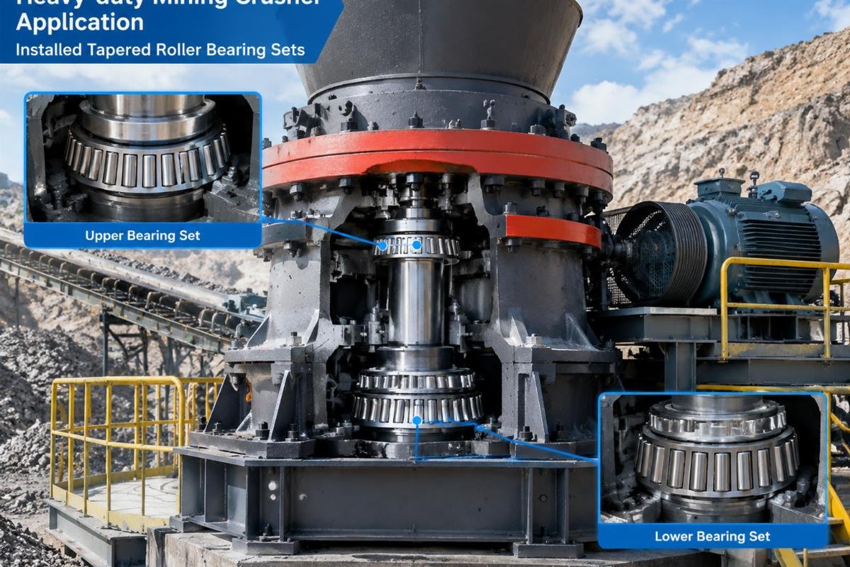 Heavy-duty mining crusher application showing installed tapered roller bearing sets