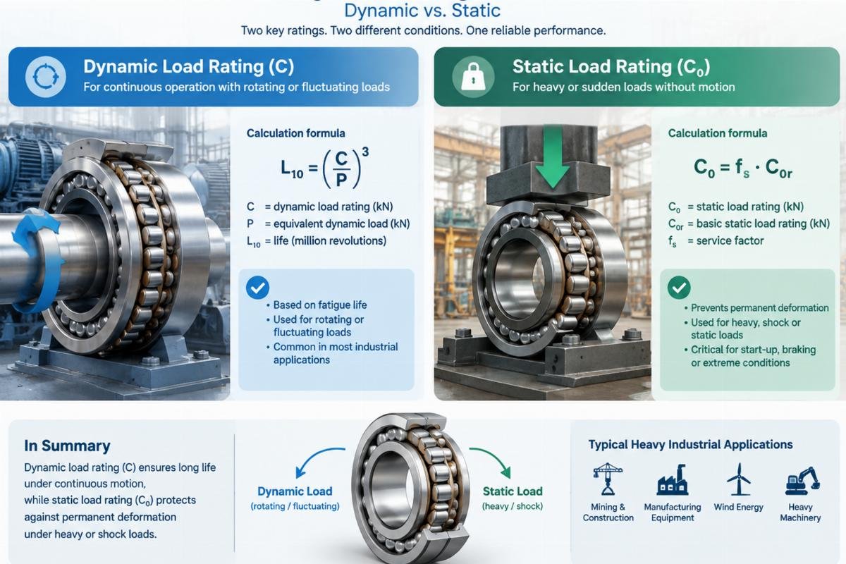 Illustration of dynamic vs. static load rating calculation for heavy industrial bearings