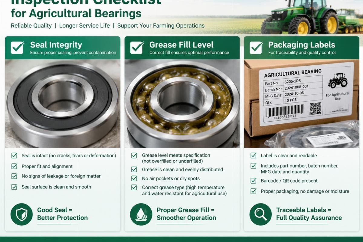 Inspection checklist for agricultural bearings showing seal integrity, grease fill level, and packaging labels for traceability