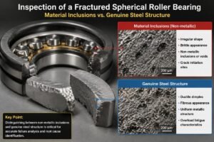 Inspection of a fractured spherical roller bearing showing material inclusions versus genuine steel structure