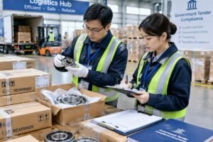 Inspection of bearing packaging and documentation at a logistics hub for government tender compliance