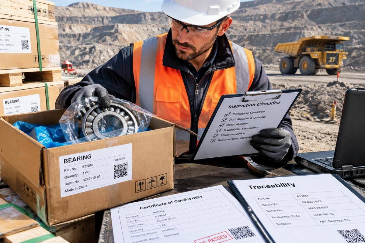 Inspection of bearing packaging and traceability documents at a mining site
