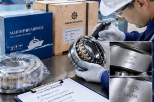 Inspection of spherical roller bearings for marine applications showing packaging and steel stamp verification