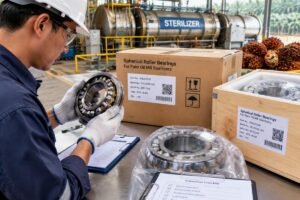 Inspection of spherical roller bearings for palm oil mill sterilizers showing proper packaging and traceability labels