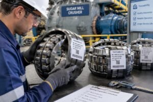 Inspection of spherical roller bearings for sugar mill crushers with visible traceability labels