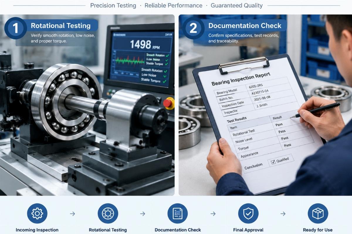 Inspection process for bearing quality control showing rotational testing and documentation check
