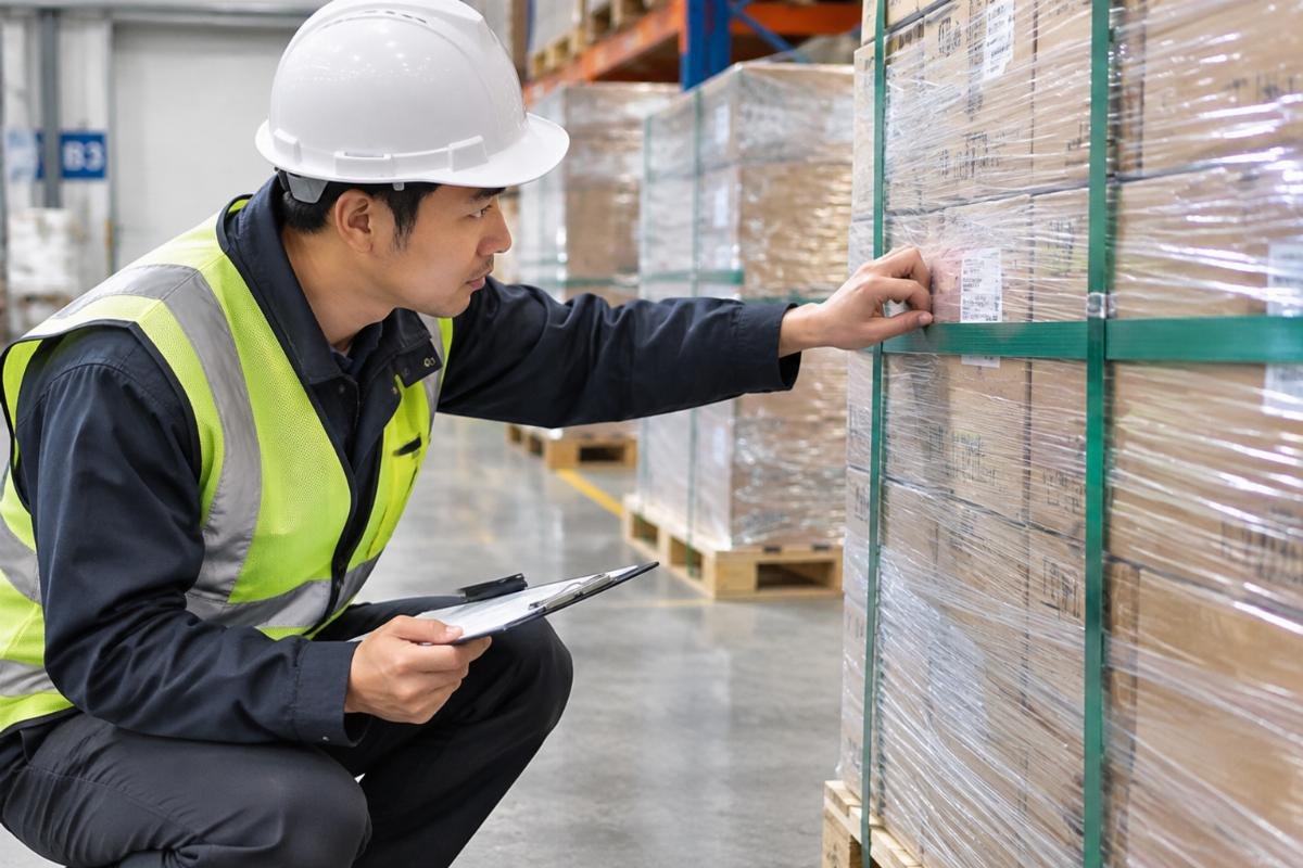 Inspector checking the tightness of shrink wrap and pallet strapping in a warehouse