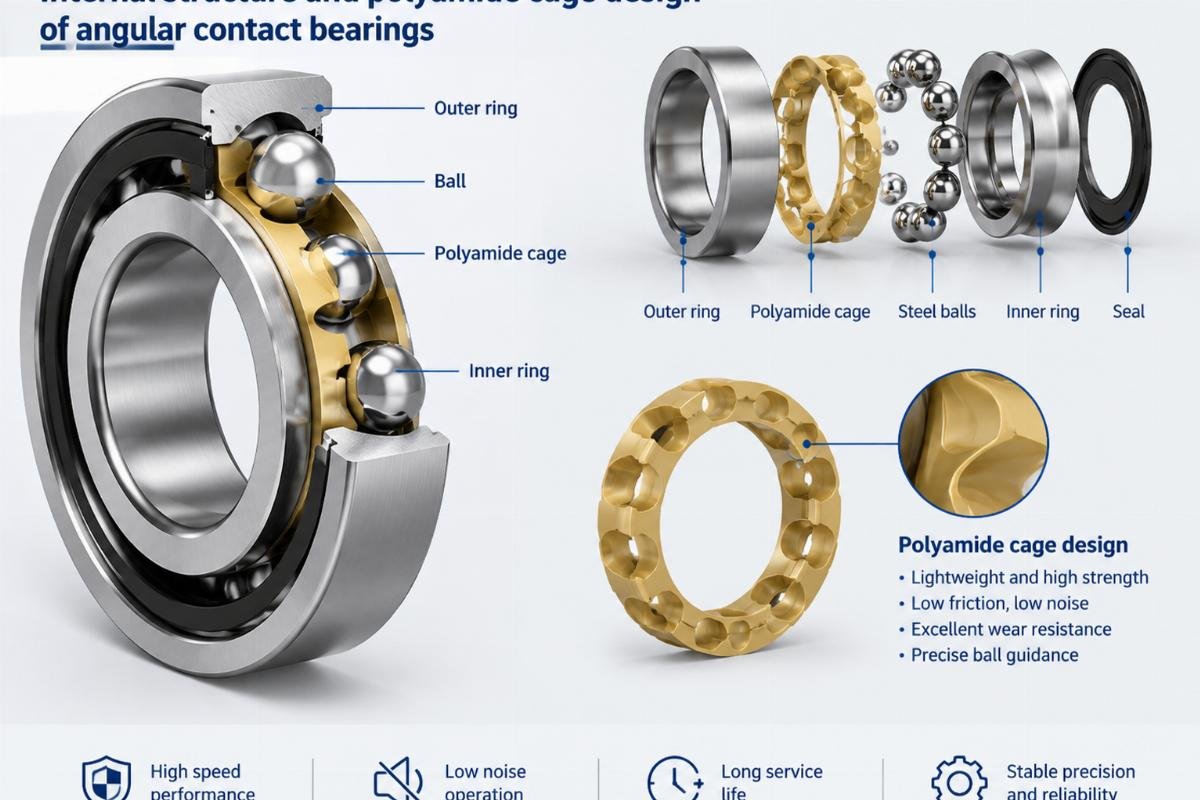 Internal structure and polyamide cage design of angular contact bearings