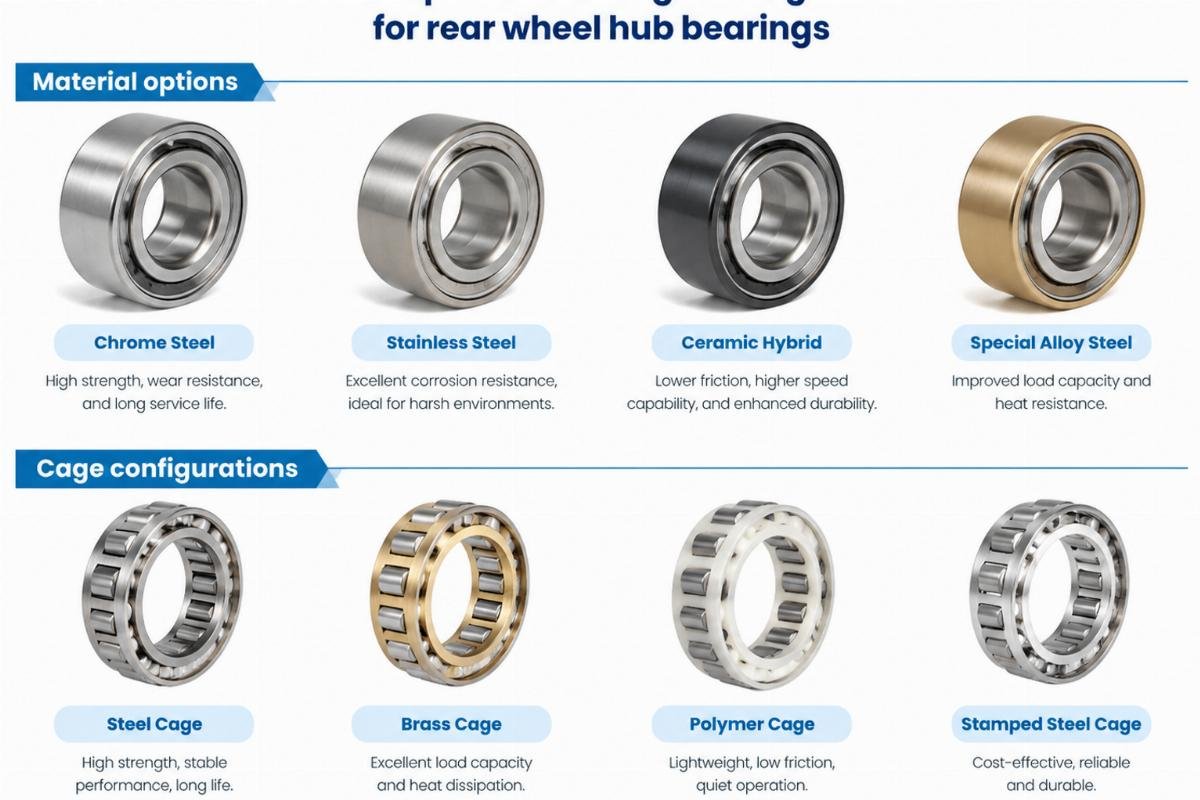 Material options and cage configurations for rear wheel hub bearings