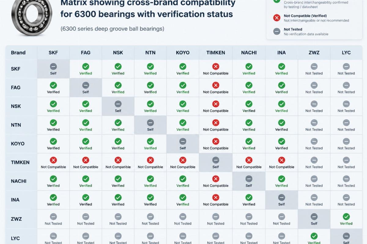 Matrix showing cross-brand compatibility for 6300 bearings with verification status