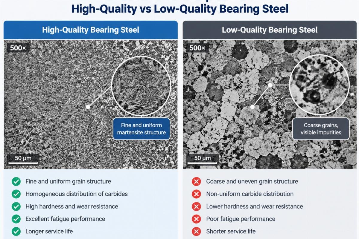 Microstructure comparison of high-quality vs low-quality bearing steel