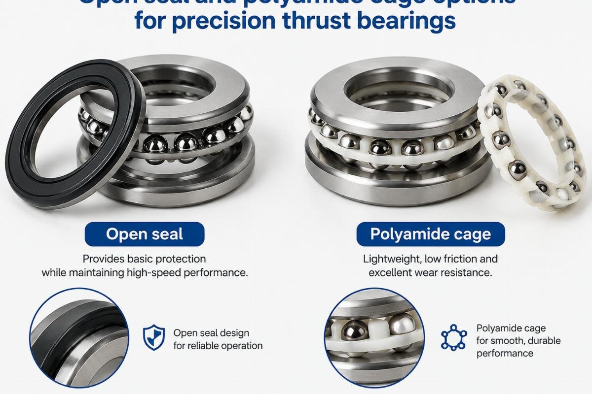 Open seal and polyamide cage options for precision thrust bearings