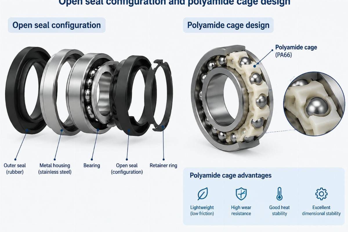 Open seal configuration and polyamide cage design