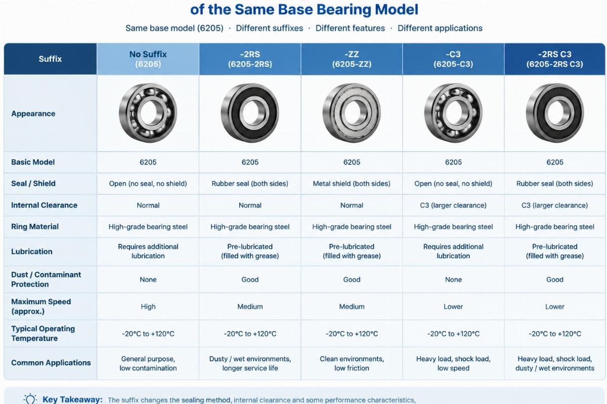 Side-by-side comparison table showing how different suffixes change the technical specification of the same base bearing model
