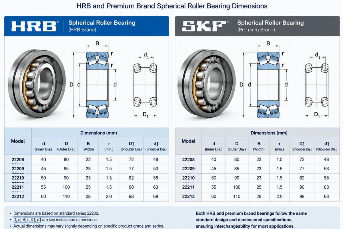 Side-by-side technical drawing comparison of HRB and premium brand spherical roller bearing dimensions