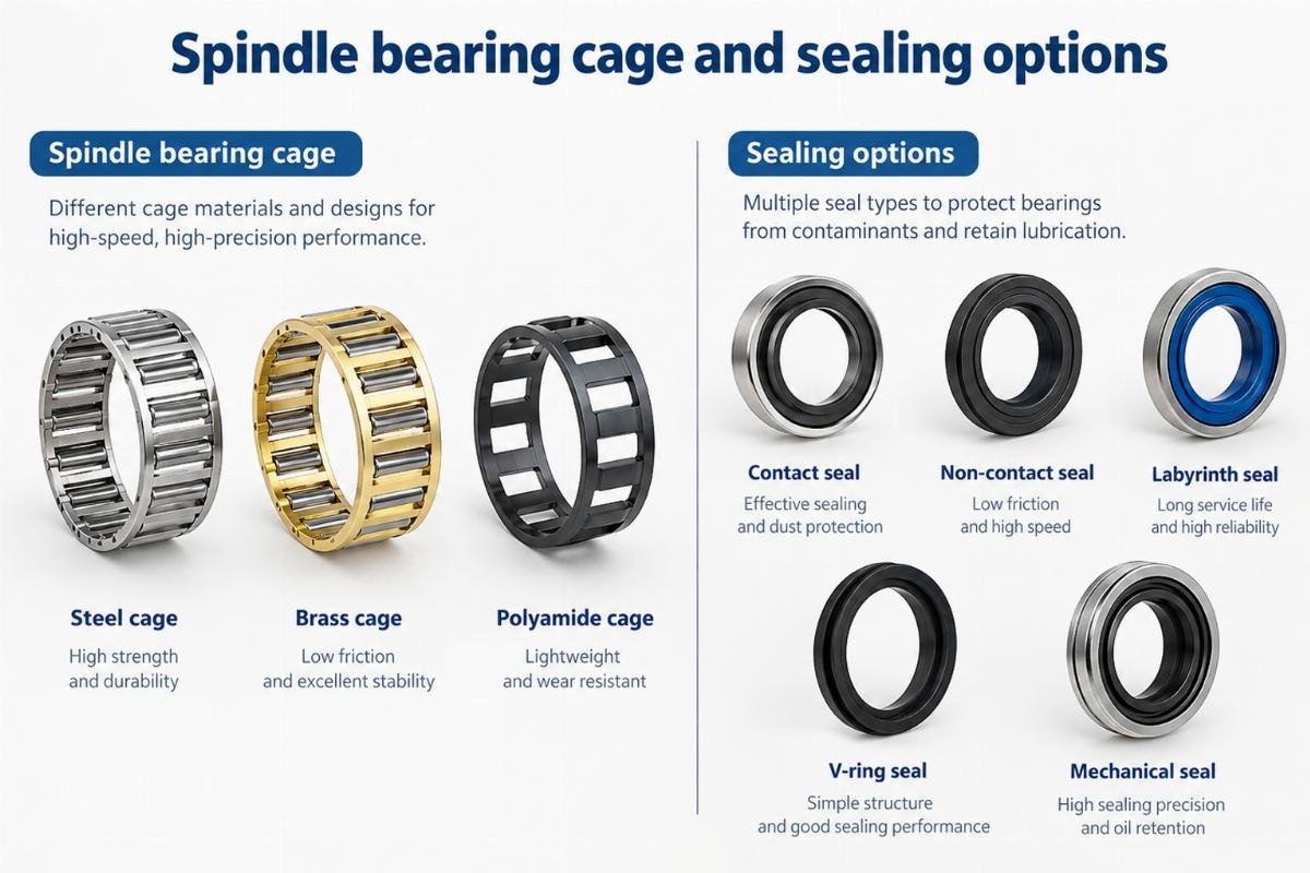 Spindle bearing cage and sealing options