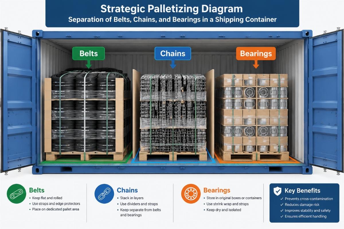 Strategic palletizing diagram showing separation of belts, chains, and bearings in a shipping container