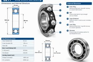 Technical diagram showing 6211 bearing dimensions and internal structure