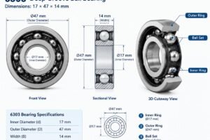Technical diagram showing 6303 bearing dimensions 17x47x14mm with labeled inner ring, outer ring, and ball set