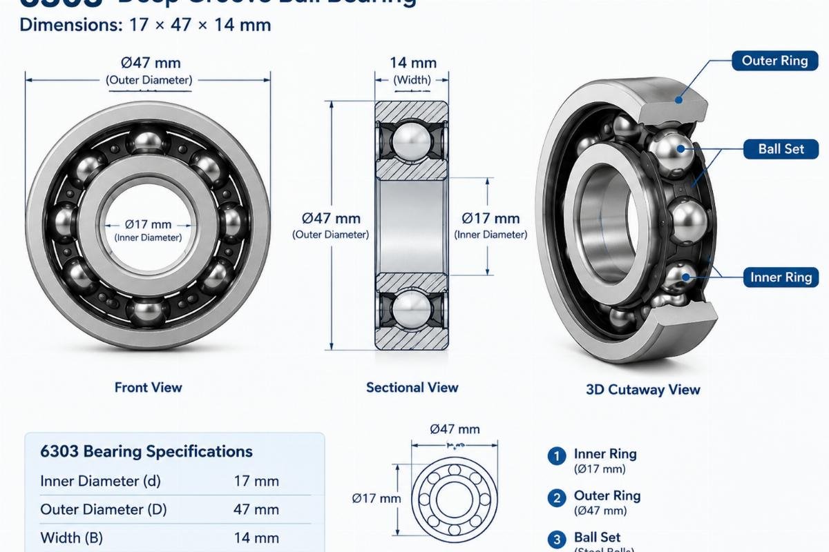 Technical diagram showing 6303 bearing dimensions 17x47x14mm with labeled inner ring, outer ring, and ball set
