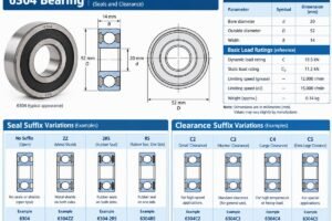 Technical diagram showing 6304 bearing dimensions and suffix variations for seals and clearance