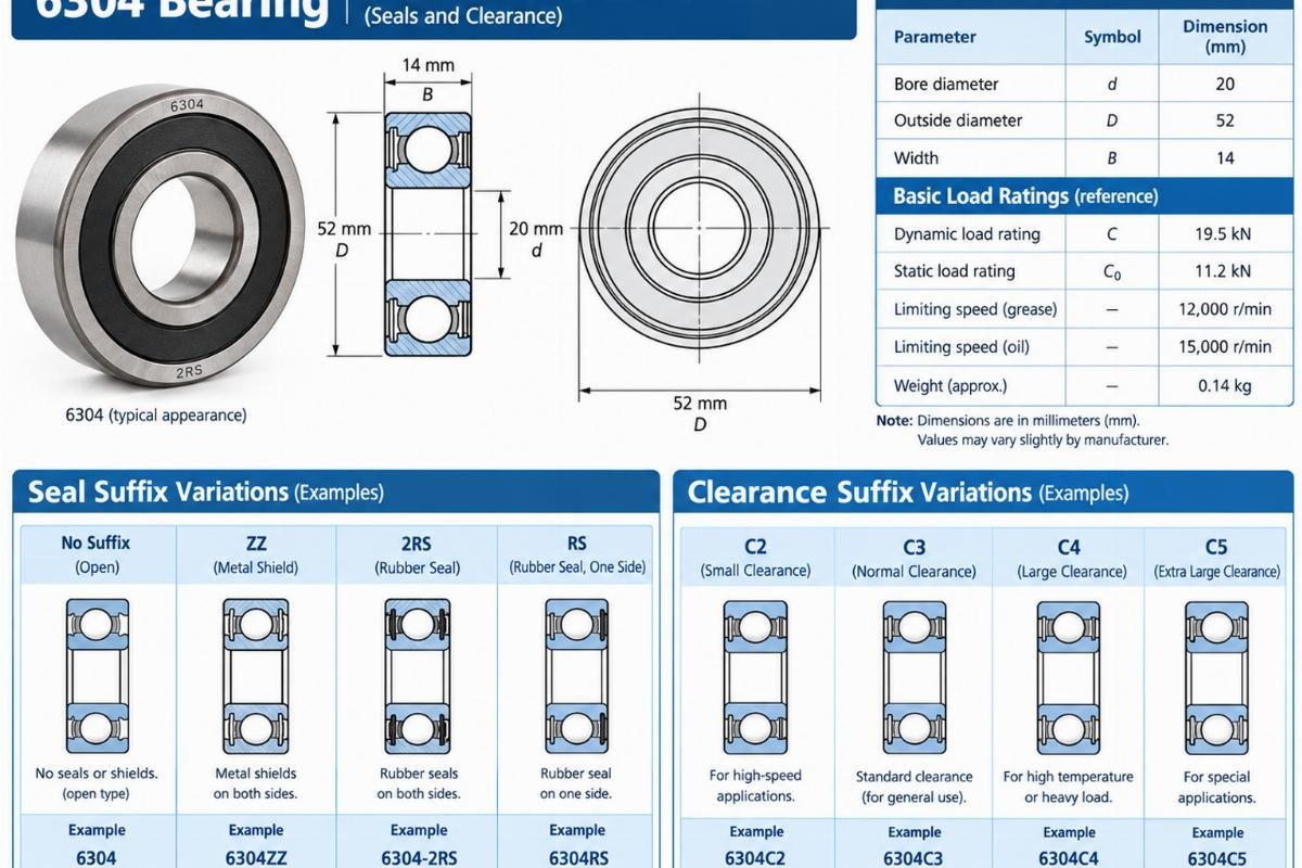 Technical diagram showing 6304 bearing dimensions and suffix variations for seals and clearance