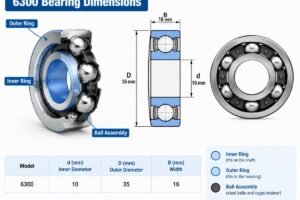 Technical diagram showing standard 6300 bearing dimensions with highlighted inner ring, outer ring, and ball assembly