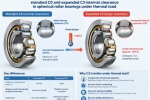 Technical diagram showing the difference between standard C0 and expanded C3 internal clearance in spherical roller bearings under thermal load