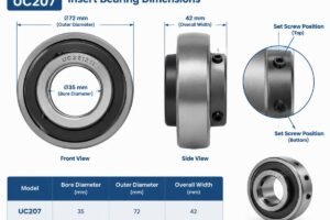 Technical diagram showing UC207 insert bearing dimensions including bore diameter, outer width, and set screw positions