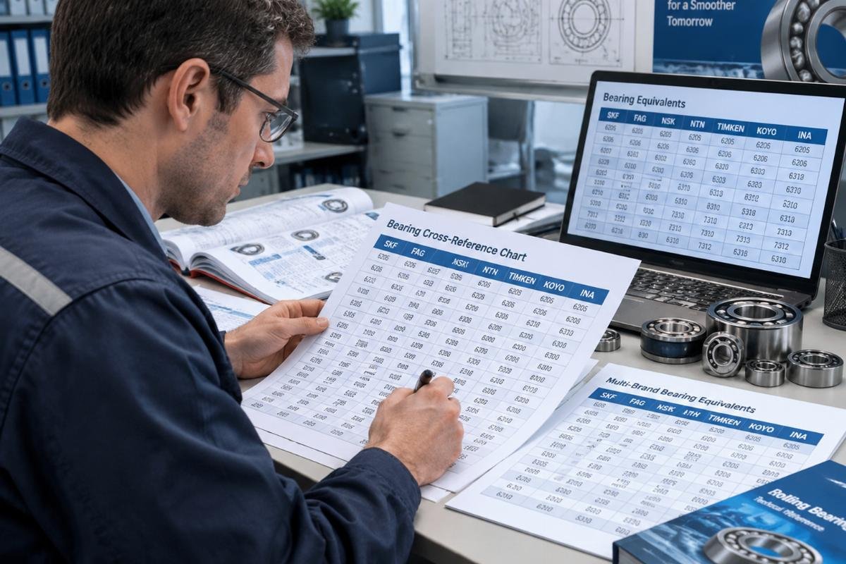 Technical engineer reviewing cross-reference charts for multi-brand bearing equivalents