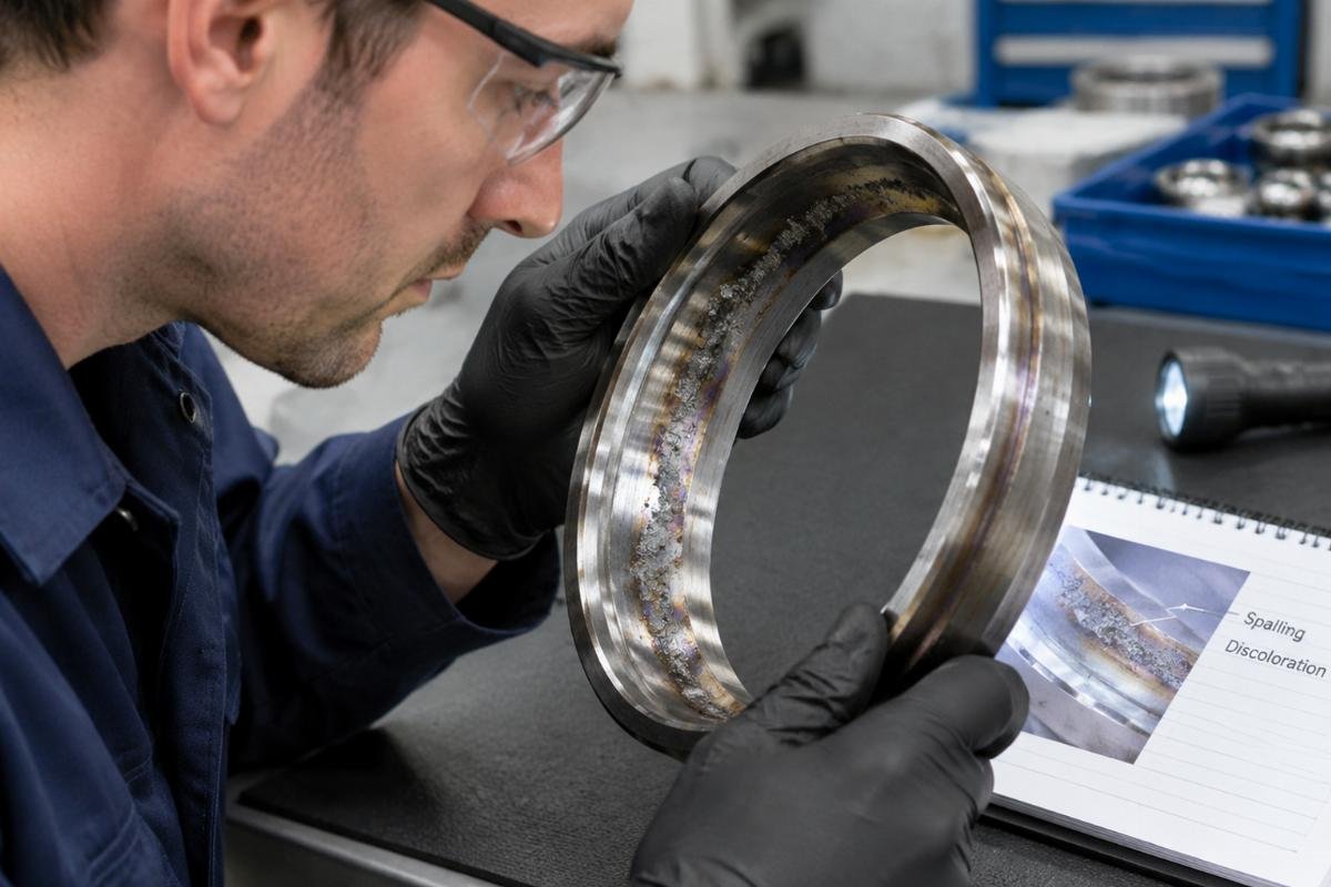 Technician inspecting a failed bearing raceway for spalling and discoloration