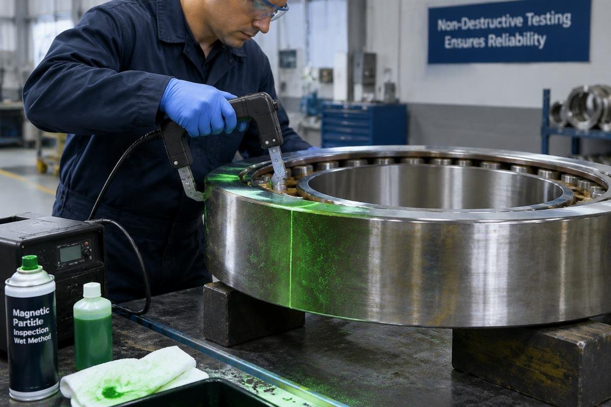 Technician performing magnetic particle inspection on a large bearing ring to detect subsurface cracks