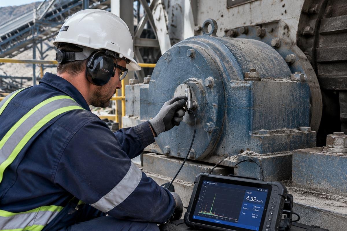 Technician performing vibration analysis on a large industrial crusher bearing housing to detect early signs of failure