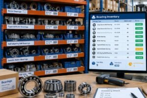 Warehouse inventory management showing mixed bearing types and stock levels