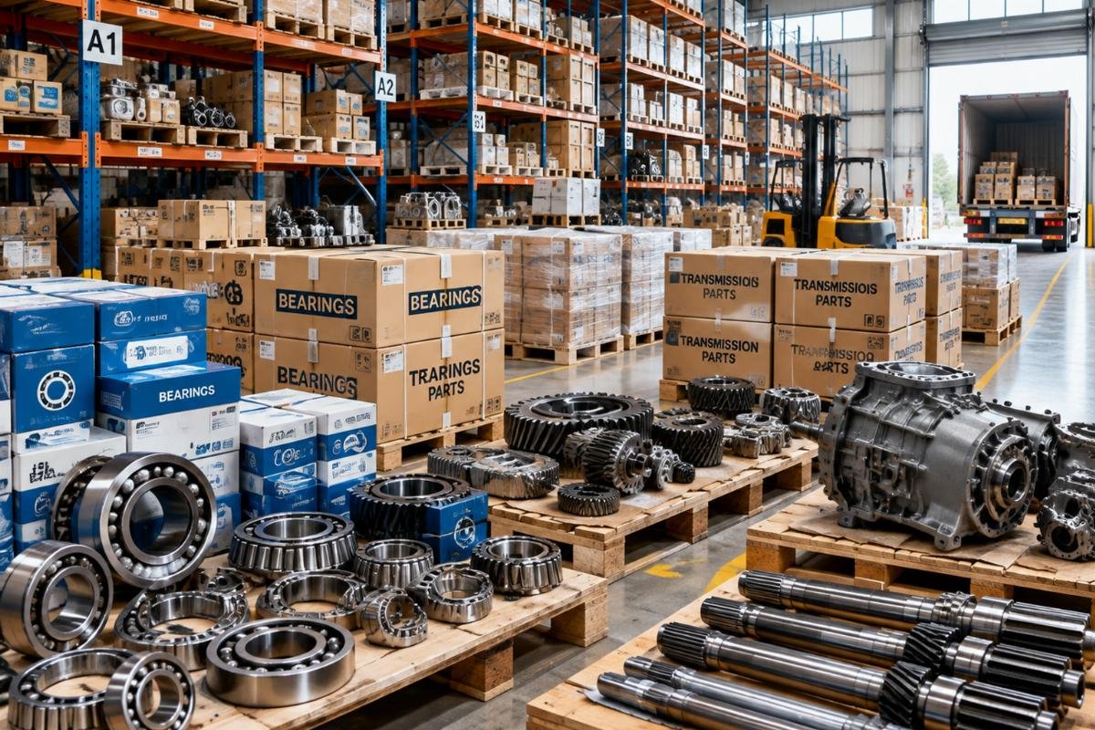 Warehouse view showing diverse inventory of industrial bearings and transmission parts ready for dispatch