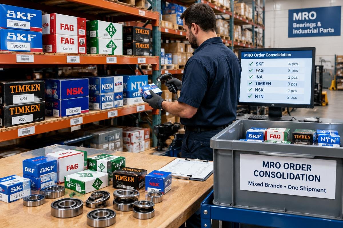Warehouse view showing mixed-brand bearing inventory consolidation for MRO orders
