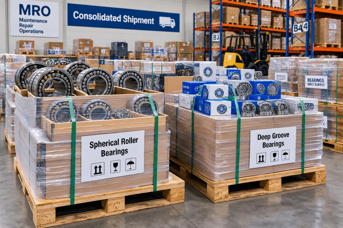 Warehouse view showing mixed pallets of spherical roller and deep groove bearings organized for consolidated MRO shipment