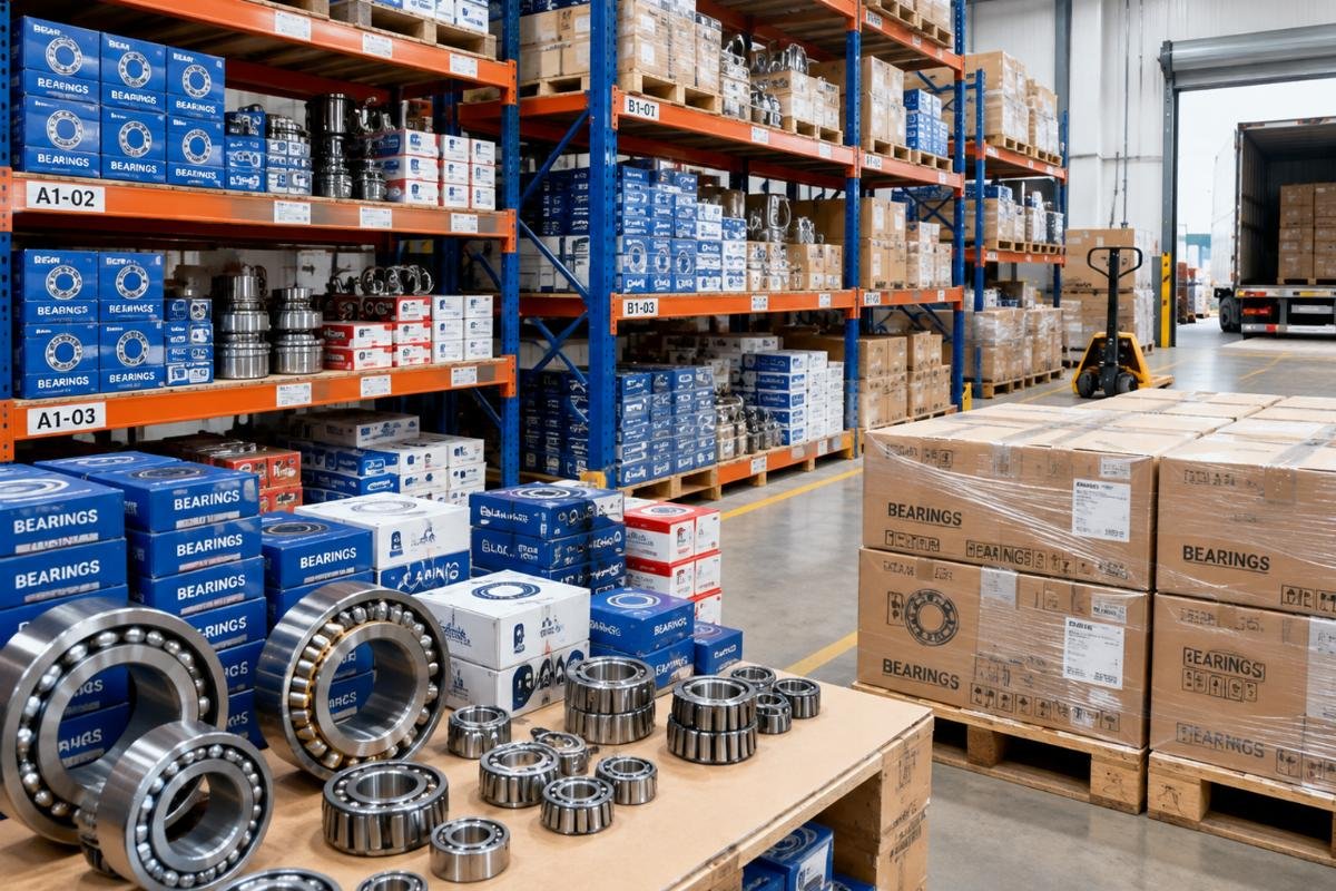 Warehouse view showing organized stock of various bearing types ready for shipment